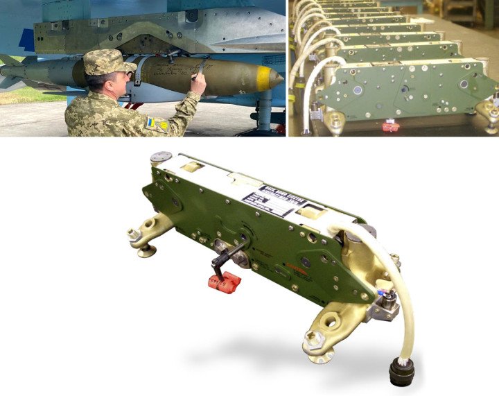MAU-50 ejector rack with modified mounting on a Ukrainian Su-27. (Source: Ukrainian Air Force) MAU-50 ejector rack with modified mounting on a Ukrainian Su-27. (Source: Ukrainian Air Force)