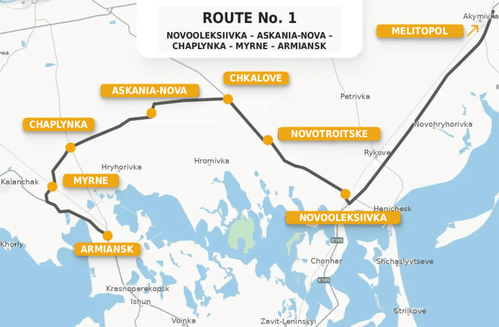 The first route through Novoleksiyivka, Askania-Nova, Chaplynka, Myrne, and Armiansk. (Source: Russian-installed head of the occupation administration in the Kherson region Vladimir Saldo) The first route through Novoleksiyivka, Askania-Nova, Chaplynka, Myrne, and Armiansk. (Source: Russian-installed head of the occupation administration in the Kherson region Vladimir Saldo)