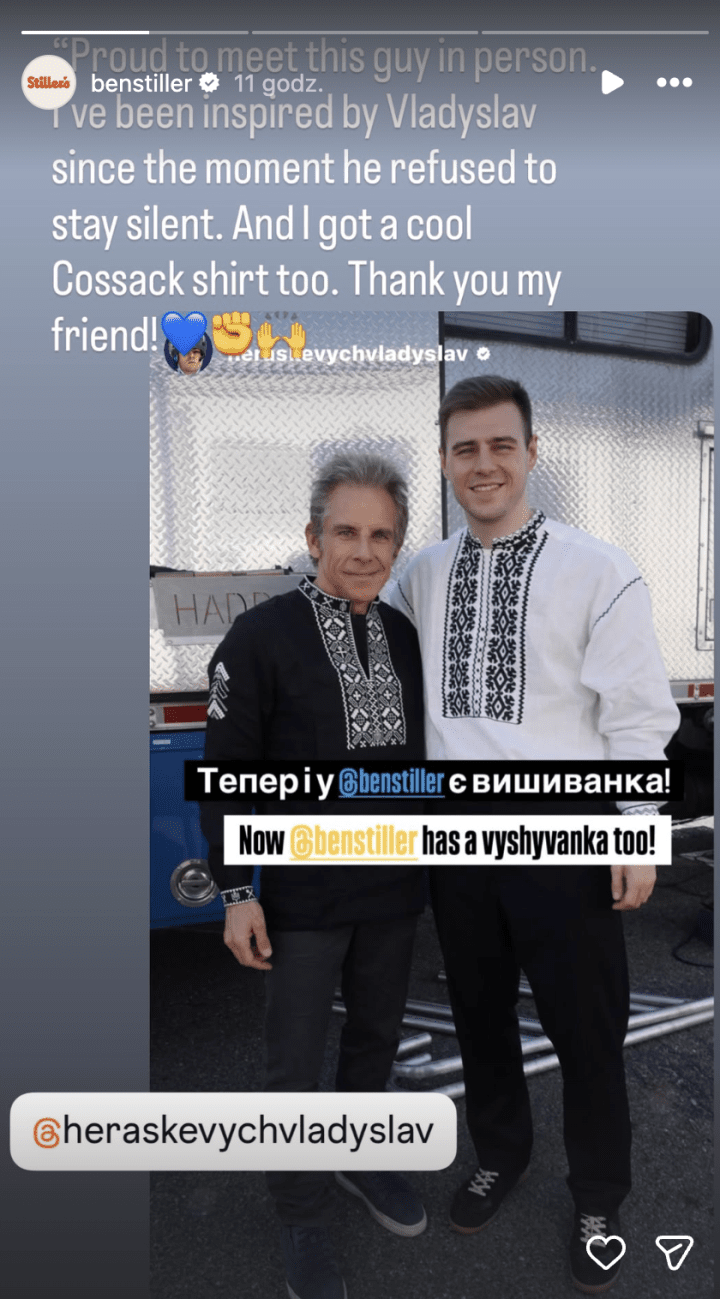 Ben Stiller meets Ukrainian skeleton athlete Vladyslav Heraskevych, wearing matching vyshyvankas. (Source: Ben Stiller/Instagram)