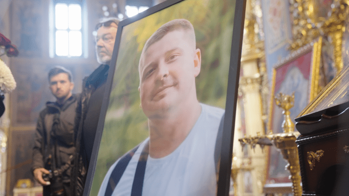A photo of the cameraman Yevhen Karmazin at the farewell ceremony held at St. Michael’s Monastery in Kyiv, Ukraine, on October 27, 2025. Photo by Yegor Terletskyi/UNITED24 Media.