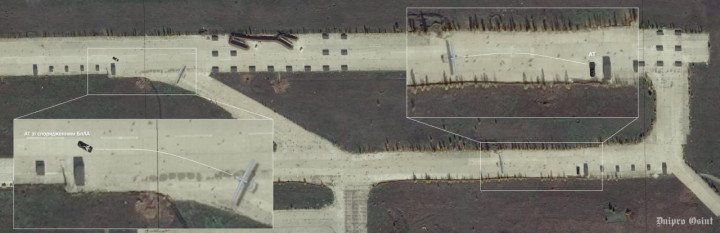 Satellite image showing two Russian mobile Shahed drone launch vehicles positioned on the runway at Donetsk Airport prior to being struck. (Source: Dnipro Osint)