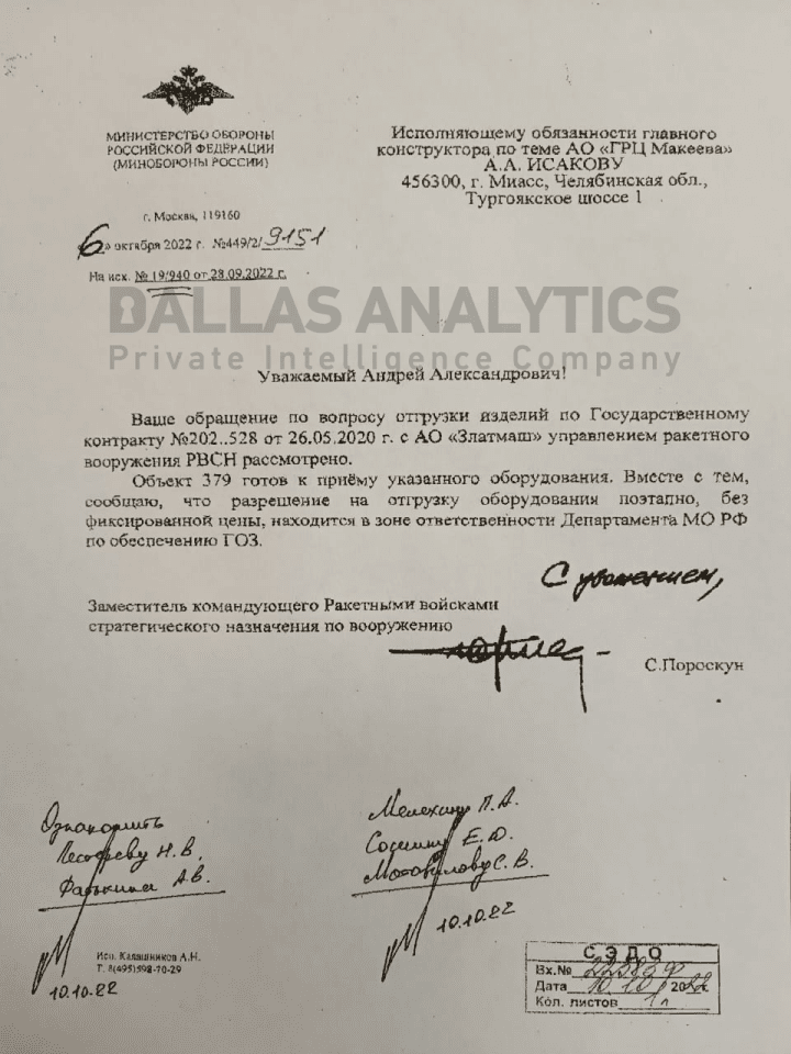MoD letter 449/2/9151, 6 October 2022. The Strategic Rocket Forces confirm object 379 is ready to receive the equipment.