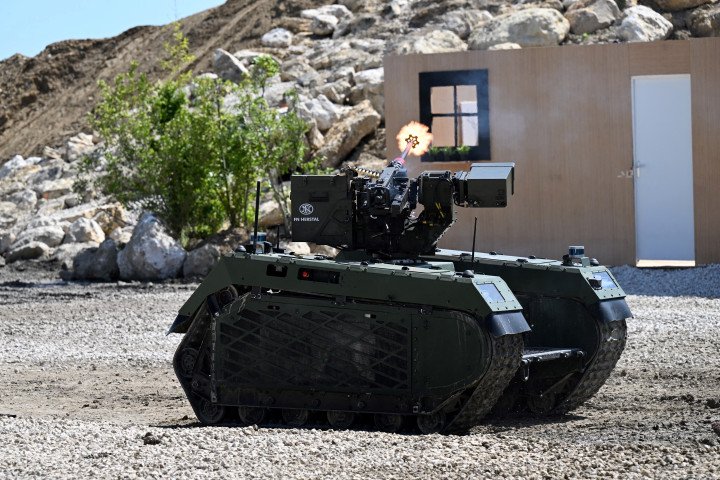 A Milrem Robotics FN Herstal platform showcased during a demonstration at the Eurosatory defense and security trade fair in Villepinte, France, on June 12, 2022. (Source: Getty Images) A Milrem Robotics FN Herstal platform showcased during a demonstration at the Eurosatory defense and security trade fair in Villepinte, France, on June 12, 2022. (Source: Getty Images)