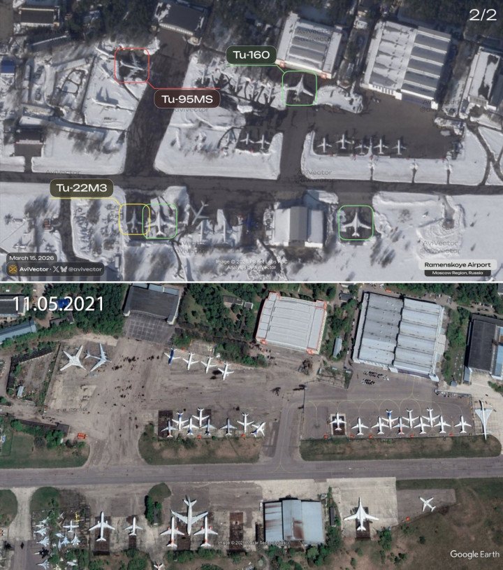 Satellite image of Ramenskoye airfield near Moscow showing Tu-160, Tu-95MS, and Tu-22M3 bombers parked near maintenance facilities, alongside newly identified construction areas. (Source: Defense Express)