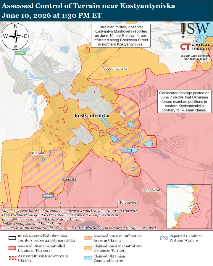 Assessed control of terrain near Kostiantynivka in Ukraine’s Donetsk region as of June 10, 2026. (Source: ISW) Assessed control of terrain near Kostiantynivka in Ukraine’s Donetsk region as of June 10, 2026. (Source: ISW)