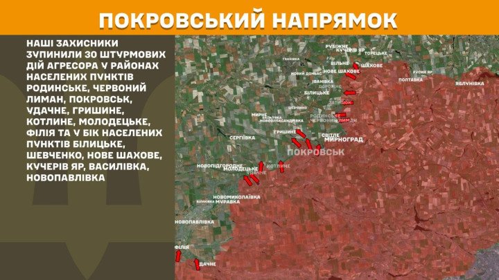 Mapa del frente en Pokrovsk muestra 30 ataques rusos repelidos por Ucrania hoy.