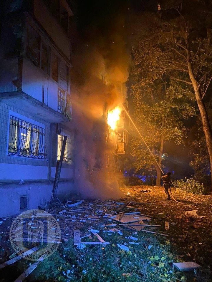 Firefighters dealing with fire after a Russian drone strike on Kyiv. (Source: Kyiv city military administration) Firefighters dealing with fire after a Russian drone strike on Kyiv. (Source: Kyiv city military administration)