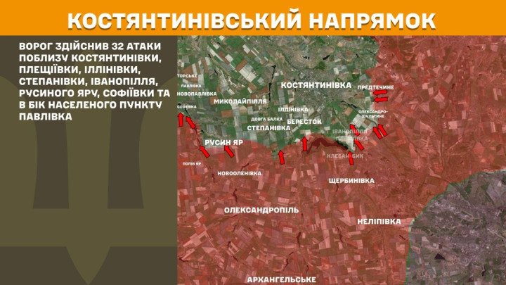 Mapa del frente en el eje de Kostiantynivka, uno de los principales focos de presión rusa, donde se registraron 32 ataques en zonas como Kostiantynivka, Pleshchiivka, Illinivka, Stepanivka, Ivanopillia, Rusyn Yar y Sofiivka, reflejando una ofensiva sostenida sin avances confirmados. (Foto: Estado Mayor de las Fuerzas Armadas de Ucrania, 8 de abril de 2026) Mapa del frente en el eje de Kostiantynivka mostrando una alta concentración de ataques rusos en múltiples localidades con ofensiva sostenida sin avances el 8 de abril de 2026