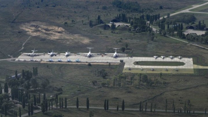 Aerial view of Russia’s Baltimor airbase showing Su-34s, transport aircraft, and support infrastructure. (Source: Russian media) Aerial view of Russia’s Baltimor airbase showing Su-34s, transport aircraft, and support infrastructure. (Source: Russian media)