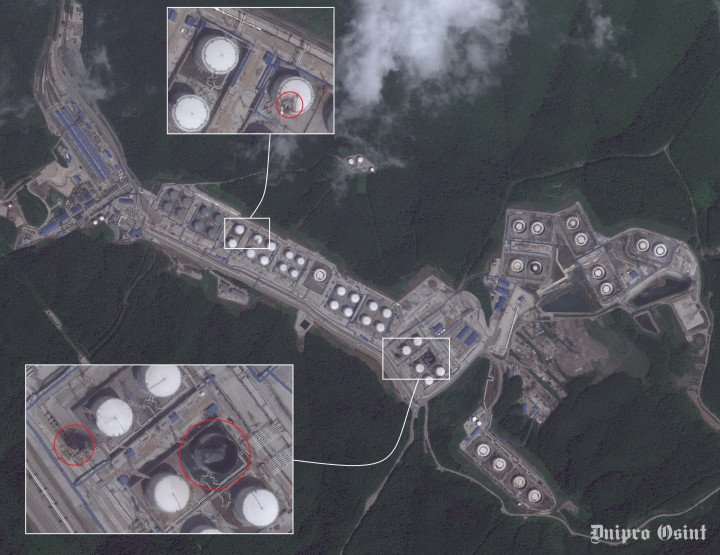 Satellite image showing damage to fuel storage tanks at Russia’s Grushovaya oil depot in Novorossiysk following a reported Ukrainian drone strike on May 23, 2026. (Source: Dnipro OSINT) Satellite image showing damage to fuel storage tanks at Russia’s Grushovaya oil depot in Novorossiysk following a reported Ukrainian drone strike on May 23, 2026. (Source: Dnipro OSINT)
