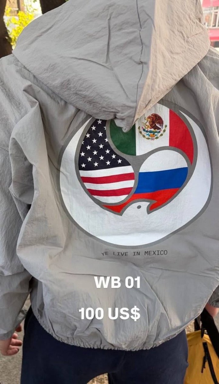 Ye’s official “Live in Mexico” merchandise features a dove-style emblem combining the flags of the United States, Mexico, and Russia. (Photo: open source) Ye’s official “Live in Mexico” merchandise features a dove-style emblem combining the flags of the United States, Mexico, and Russia.