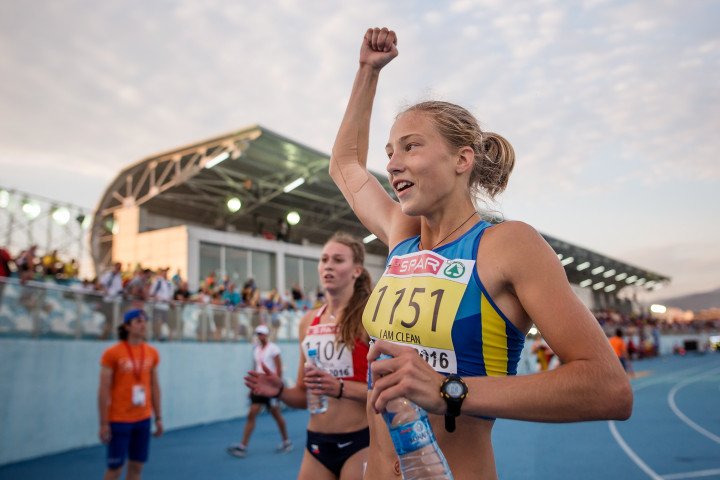 Alina Shukh celebrates winning the Girls Heptathlon during European Athletics Youth Championships. Photo: Joosep Martinson/Getty Images for European Athletics.