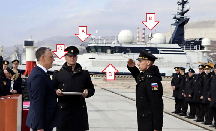 Project 11982 research vessel Lagoda equipped with anti-drone cage structures, camouflage netting, and an onboard electronic warfare system. (Source: Defense Express)