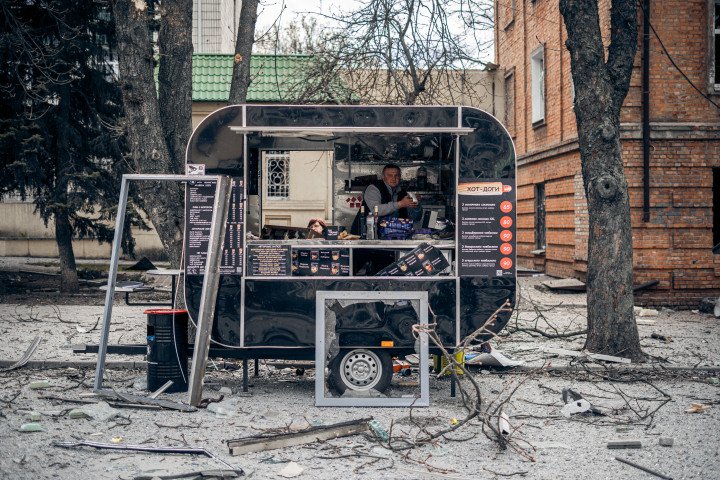 SUMY, UKRAINE - APRIL 13: A building in the city center is partially destroyed by a Russian ballistic missile strike on April 13, 2025 in Sumy, Ukraine. The death toll after Russian ballistic missiles' attack on the center of Sumy has risen to 34, including two children. At least 117 people have been injured, including 15 children. On Palm Sunday, the Russian army launched two ballistic missiles with cluster munition at the central part of the city at a time when there were many people on the streets - dozens of people were killed and injured in the city; civilian infrastructure and residential buildings were damaged or destroyed. (Photo by Oleksandr Oleksienko via Getty Images)