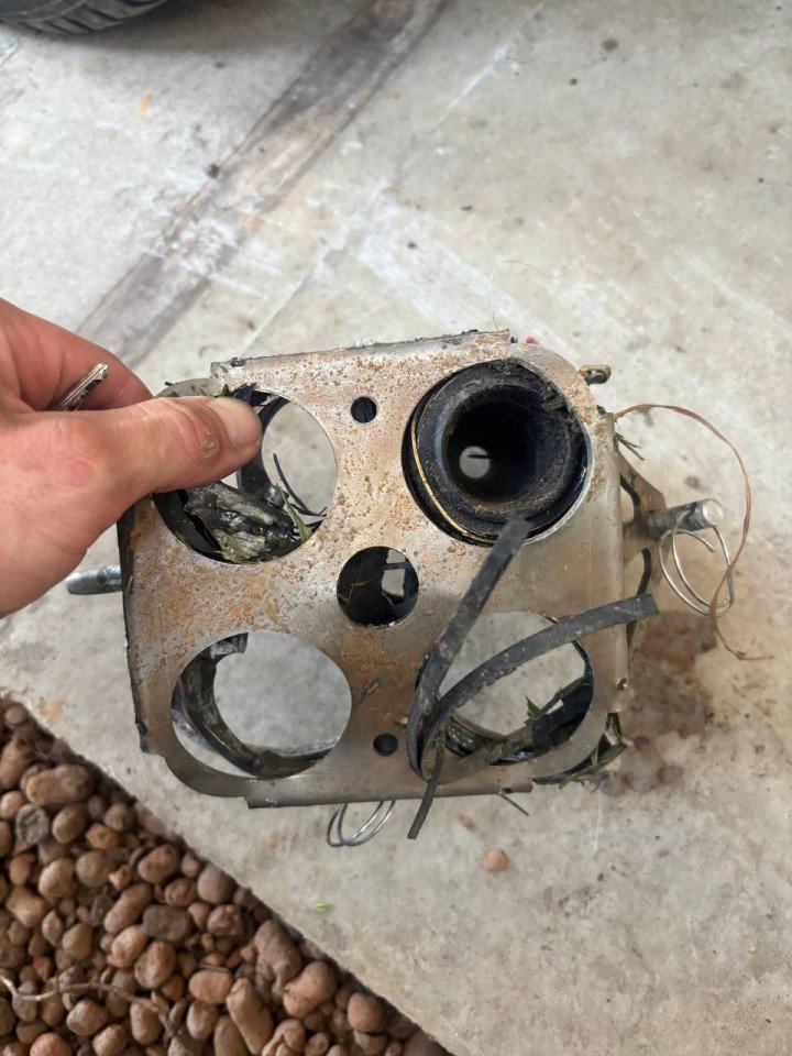 Fragments of an unguided rocket launcher reportedly installed on a Ukrainian FP-1/FP-2 long-range strike drone. (Source: Defense Express)