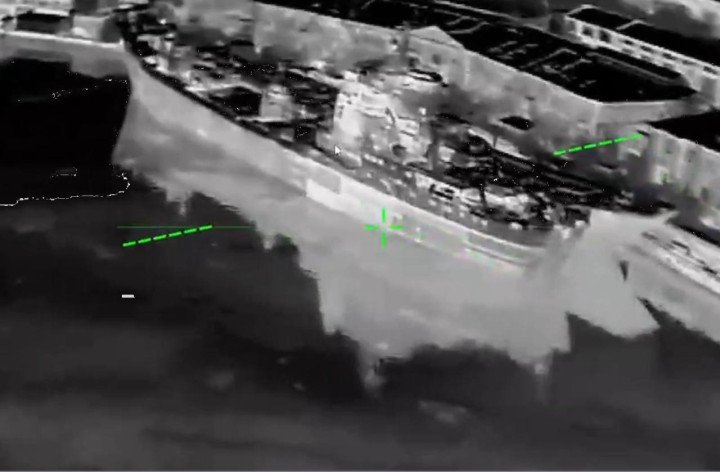 Drone targeting footage showing a Russian military facility near the coastline in occupied Crimea moments before a reported strike. (Source: SBU)