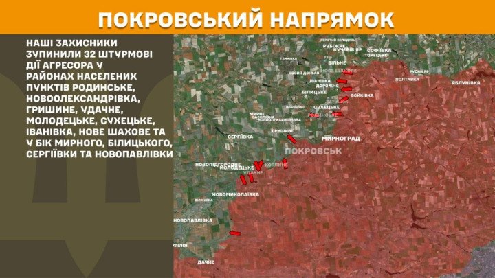 Mapa táctico del eje de Pokrovsk ilustrando las 32 direcciones de asalto de las fuerzas rusas detenidas por la defensa ucraniana.