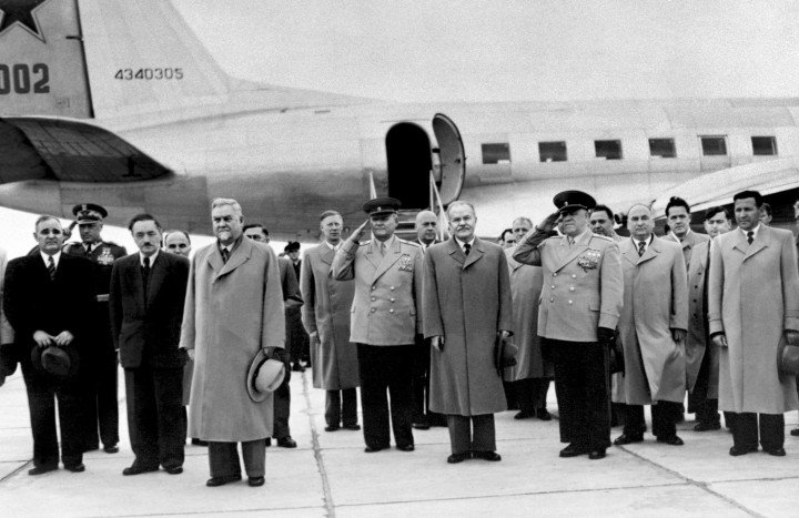 Soviet and Eastern Bloc leaders arrive in Warsaw ahead of the May 14, 1955, signing of the Warsaw Pact—a mutual defense treaty created in response to West Germany’s NATO membership. The pact formalized the military alliance of eight Communist states under Moscow’s leadership. (Source: Getty Images) Soviet and Eastern Bloc leaders arrive in Warsaw ahead of the May 14, 1955, signing of the Warsaw Pact—a mutual defense treaty created in response to West Germany’s NATO membership. The pact formalized the military alliance of eight Communist states under Moscow’s leadership. (Source: Getty Images)