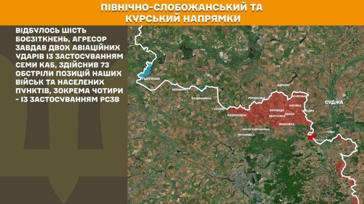 Mapa táctico que muestra la frontera estatal entre Ucrania y Rusia en las zonas de Slobozhanskyi Norte y Kursk. Resalta las áreas de los seis enfrentamientos terrestres y marca con iconos de impacto las zonas afectadas por dos ataques aéreos (con siete bombas guiadas) y 73 bombardeos de artillería.