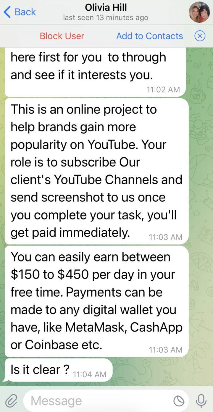 Fake job offer sent in a private Telegram chat. (Source: ArtLung) Fake job offer sent in a private Telegram chat. (Source: ArtLung)
