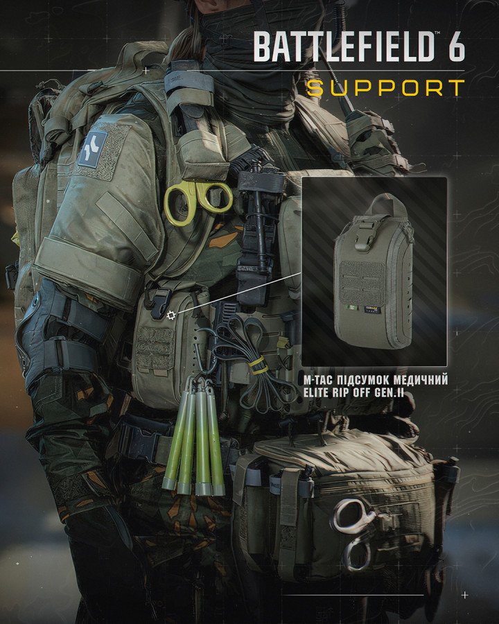 Battlefield 6 Support-class character wearing M-Tac’s Elite Rip-Off Gen. II medical pouch, part of Ukrainian tactical gear integrated into the game. (Source: M-Tac/Battlefield Studios) Battlefield 6 Support-class character wearing M-Tac’s Elite Rip-Off Gen. II medical pouch, part of Ukrainian tactical gear integrated into the game. (Source: M-Tac/Battlefield Studios)