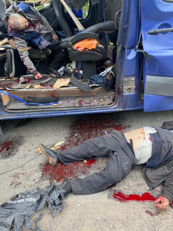 One of the deceased civilians lies on a stretcher near the wrecked bus interior after the drone attack. (Source: SSU) One of the deceased civilians lies on a stretcher near the wrecked bus interior after the drone attack. (Source: SSU)