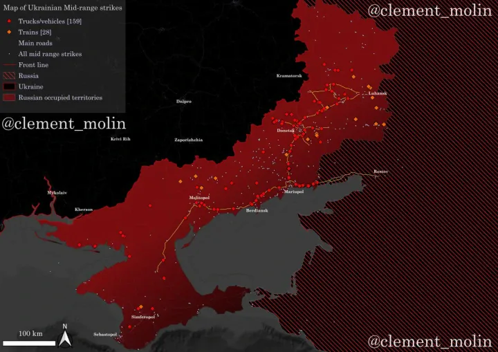 Map showing confirmed Ukrainian mid-range drone strikes against Russian logistics routes, vehicles, and rail infrastructure across occupied southern Ukraine and Crimea. (Source: Clément Molin)