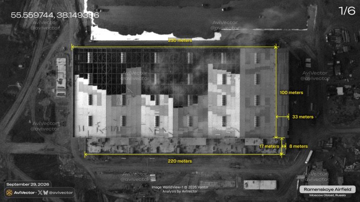 Imagen satelital que muestra las dimensiones de un gran hangar en construcción en el aeródromo de Ramenskoye, en Rusia. (Foto: AviVector) Imagen satelital que muestra las dimensiones de un gran hangar en construcción en el aeródromo de Ramenskoye, en Rusia. (Foto: AviVector)