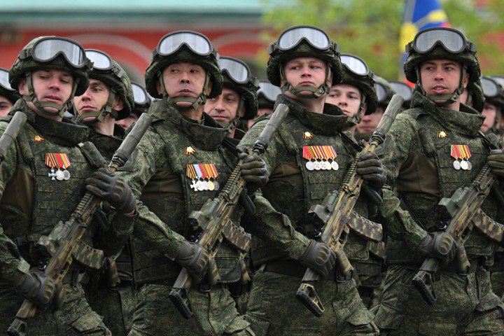 Russian servicemen involved in the war against Ukraine march during the Victory Day parade on Red Square in Moscow on May 9, 2026. (Source: Igor Ivanko / AFP via Getty Images)