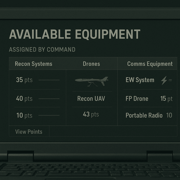 Close-up of a military logistics interface showing a categorized list of equipment available for frontline units, with point values assigned by command. Illustrative image. (Source: UNITED24 Media) Close-up of a military logistics interface showing a categorized list of equipment available for frontline units, with point values assigned by command. Illustrative image. (Source: UNITED24 Media)