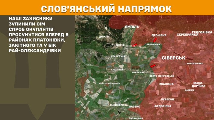 Mapa del frente en Sloviansk donde Ucrania frenó siete ataques rusos el 22 de marzo de 2026