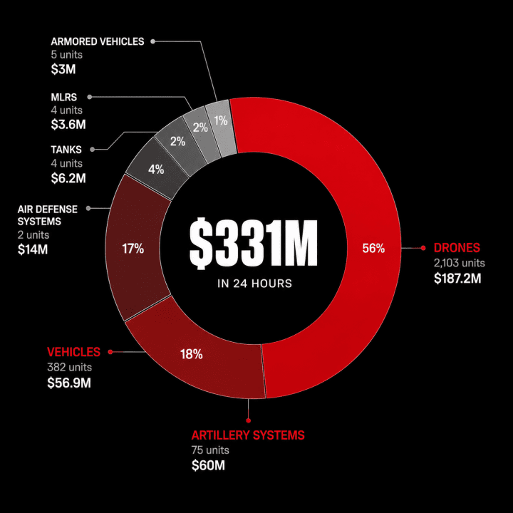 Infografía que muestra la distribución estimada de 331 millones de dólares en pérdidas de equipos rusos reportadas en un solo día. (Fuente: UNITED24 Media) Infografía que muestra la distribución estimada de 331 millones de dólares en pérdidas de equipos rusos reportadas en un solo día. (Fuente: UNITED24 Media)