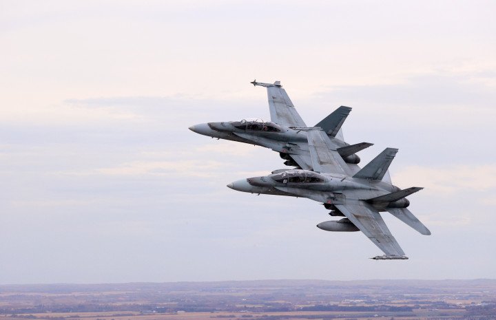 Two Royal Canadian Air Force CF-18 Hornet jets fly over Rogers Place Arena during Game Four of the 2020 Stanley Cup Final in Edmonton, Canada. (Source: Getty Images)