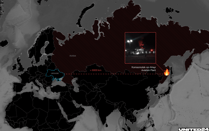Map showing the location of the Komsomolsk-on-Amur Aviation Plant in Russia’s Far East, over 6,000 km from Ukraine, with inset footage of the April 11 fire. (Source: UNITED24 Media/Oleksandr Manukians)