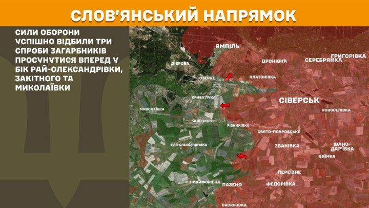 Mapa del eje de Sloviansk detallando las tres direcciones de avance ruso neutralizadas por Ucrania.