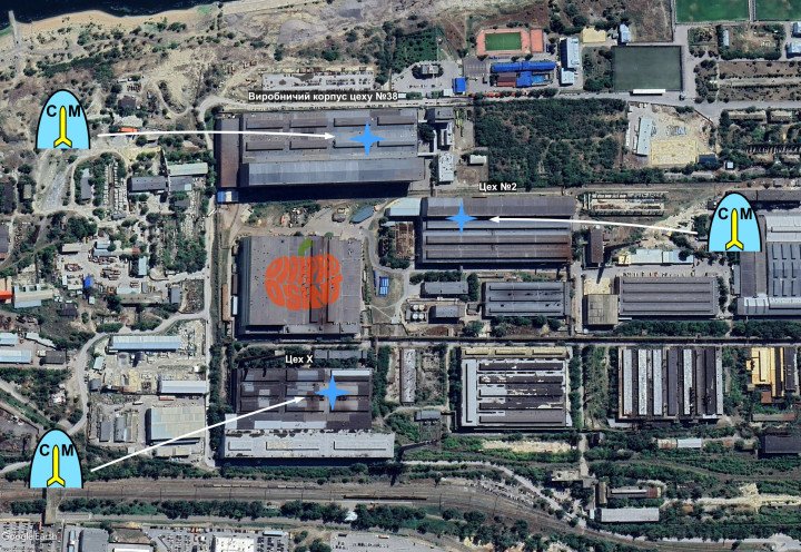 Annotated satellite image showing the impact points of Ukrainian Flamingo cruise missiles at Russia’s Titan-Barrikady defense plant in Volgograd on June 27, 2026. (Source: Dnipro Osint)