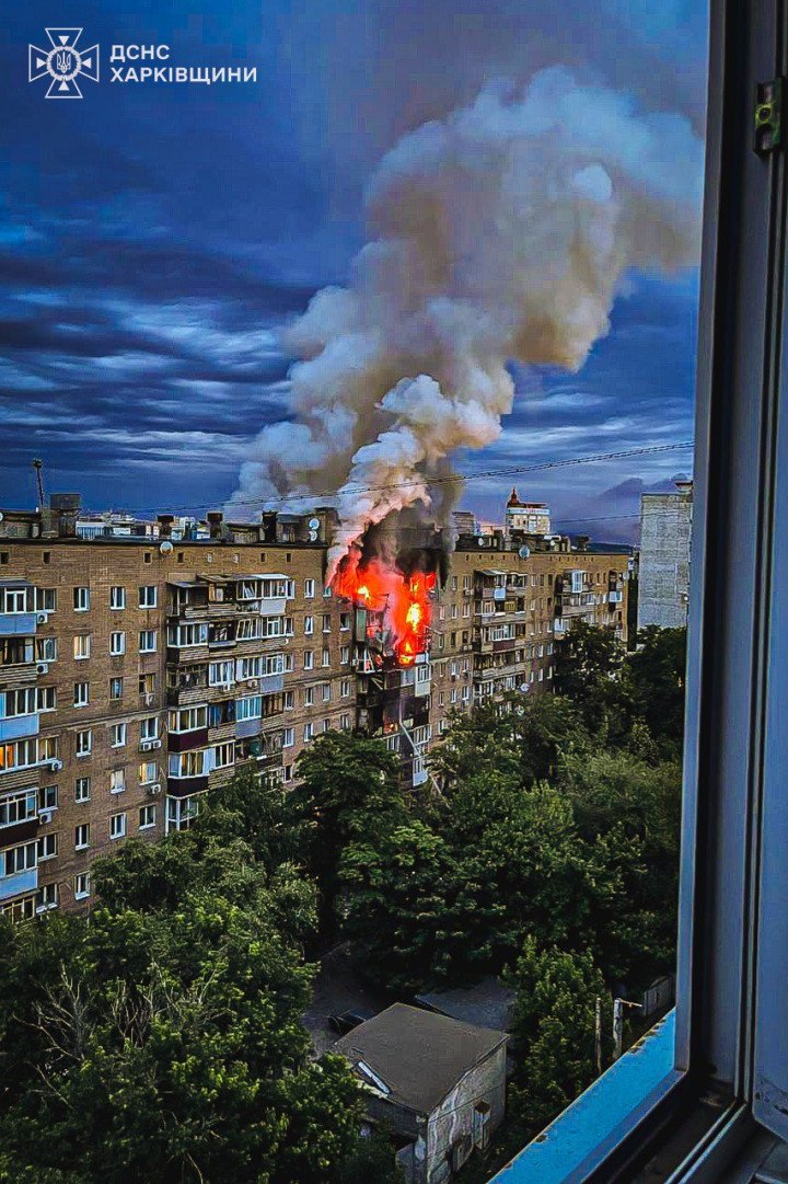 A large fire engulfs the upper floors of a residential building in Kharkiv following a Russian drone strike. (Source: State Emergency Service of Ukraine) A large fire engulfs the upper floors of a residential building in Kharkiv following a Russian drone strike. (Source: State Emergency Service of Ukraine)