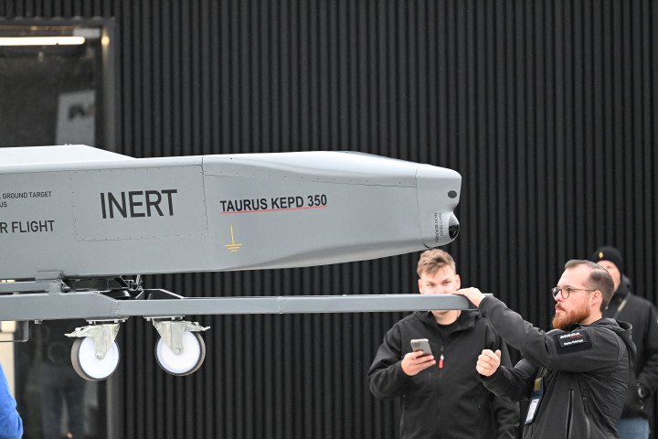 A TAURUS (Target Adaptive Unitary and dispensor Robotic Ubiquity System) German-Swedish air-launched cruise missile (Photo by Ralf Hirschberger via Getty Images)