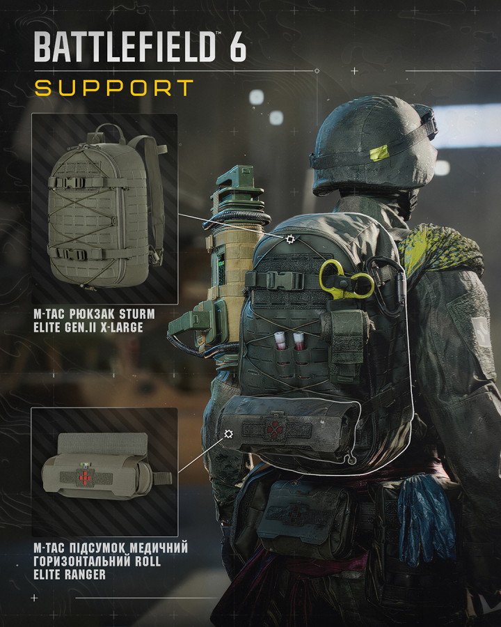 The Sturm Elite Gen. II X-Large backpack and Elite Ranger horizontal medical pouch from M-Tac equipped on a Battlefield 6 character. (Source: M-Tac/Battlefield Studios) The Sturm Elite Gen. II X-Large backpack and Elite Ranger horizontal medical pouch from M-Tac equipped on a Battlefield 6 character. (Source: M-Tac/Battlefield Studios)