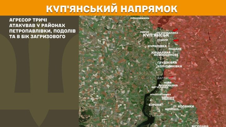 Mapa del eje de Kupiansk donde fuerzas rusas lanzaron tres ataques en áreas como Petropavlivka y en dirección a Zahryzove, manteniendo la presión táctica sin cambios significativos en la línea del frente el 13 de abril de 2026 (Foto: Estado Mayor de Ucrania). Mapa frente Kupiansk ataques rusos Petropavlivka Zahryzove abril 2026