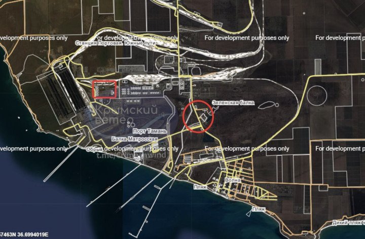 Annotated satellite image of the Port of Taman showing areas reportedly targeted during the Ukrainian drone strike on the Tamanneftegaz terminal. (Source: Krymskyi Veter) Annotated satellite image of the Port of Taman showing areas reportedly targeted during the Ukrainian drone strike on the Tamanneftegaz terminal. (Source: Krymskyi Veter)