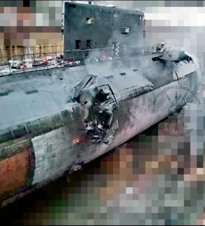 On September 13, 2023, the submarine was hit by a missile strike by the Armed Forces of Ukraine using Storm Shadow cruise missiles. As a result of the missile hit and subsequent fire, the submarine was seriously damaged. Source: Open Source On September 13, 2023, the submarine was hit by a missile strike by the Armed Forces of Ukraine using Storm Shadow cruise missiles. As a result of the missile hit and subsequent fire, the submarine was seriously damaged. Source: Open Source