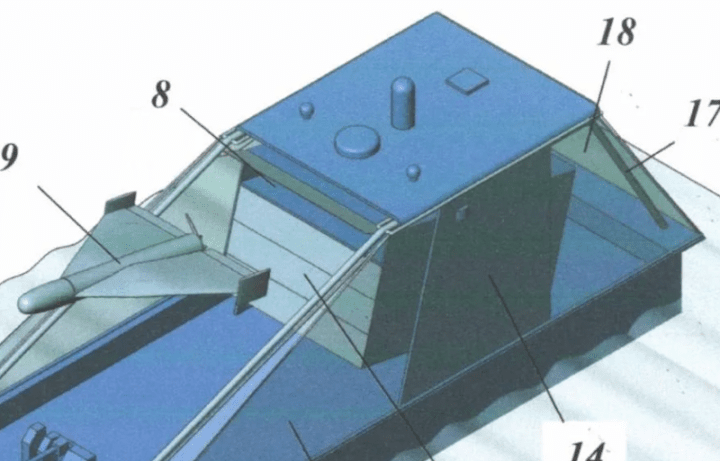 Diagrama en primer plano que muestra la estructura del techo y el módulo de lanzamiento de un buque de superficie no tripulado ruso diseñado para desplegar drones tipo Shahed. (Fuente: Defense Express)