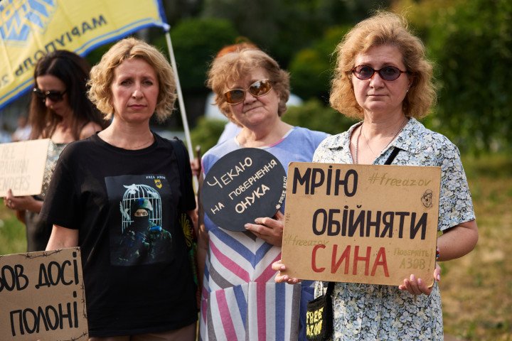 Activists and relatives of Ukrainian POWs with banners during a rally in support of Ukrainian POWs ''Free Azov" on July 6, 2025 in Kyiv, Ukraine. The posters say “Waiting for my grandson’s return,” “Dreaming of hugging my son.” (Photo by hurricanehank/Global Images Ukraine via Getty Images) Activists and relatives of Ukrainian POWs with banners during a rally in support of Ukrainian POWs ''Free Azov" on July 6, 2025 in Kyiv, Ukraine. The posters say “Waiting for my grandson’s return,” “Dreaming of hugging my son.” (Photo by hurricanehank/Global Images Ukraine via Getty Images)