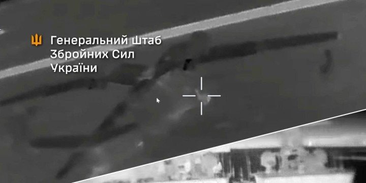 Strike footage showing a Russian Be-12 anti-submarine aircraft being targeted by a drone in Yevpatoriia. (Source: General Staff of the Armed Forces of Ukraine)
