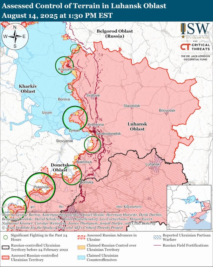 Map by the Institute for the Study of War showing assessed control of terrain in Donetsk region as of August 14, 2025. (Source: Institute for the Study of War)