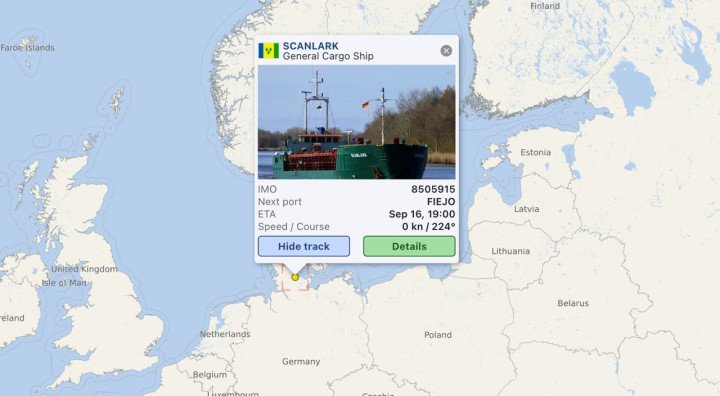 Tracking data of the RMS Scanlark showing its IMO number and last reported position. (Source: © Mark Prummel) Tracking data of the RMS Scanlark showing its IMO number and last reported position. (Source: © Mark Prummel)