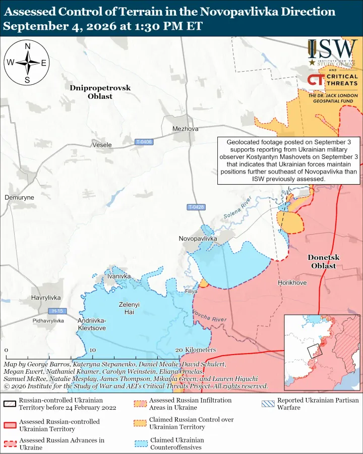 ISW map showing assessed control of terrain and frontline developments in the Novopavlivka direction as of September 4, 2026. (Source: ISW)