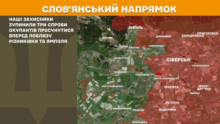 mapa del frente en sloviansk con intentos fallidos de avance ruso cerca de riznykivka y yampil el 11 de abril de 2026