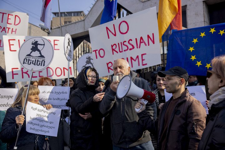 Members of the National Democratic Alliance Party of Armenia held a rally outside the Delegation of the European Union in solidarity with the people of Georgia. (Photo by ANTHONY PIZZOFERRATO/Middle East Images/AFP via Getty Images)